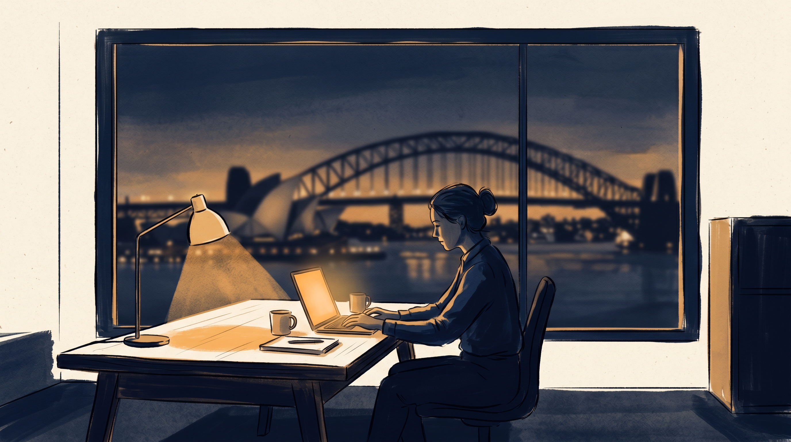 Painterly illustration of Sydney harbour bridge at dusk with a woman at a desk in the foreground, brand-tone navy and amber.