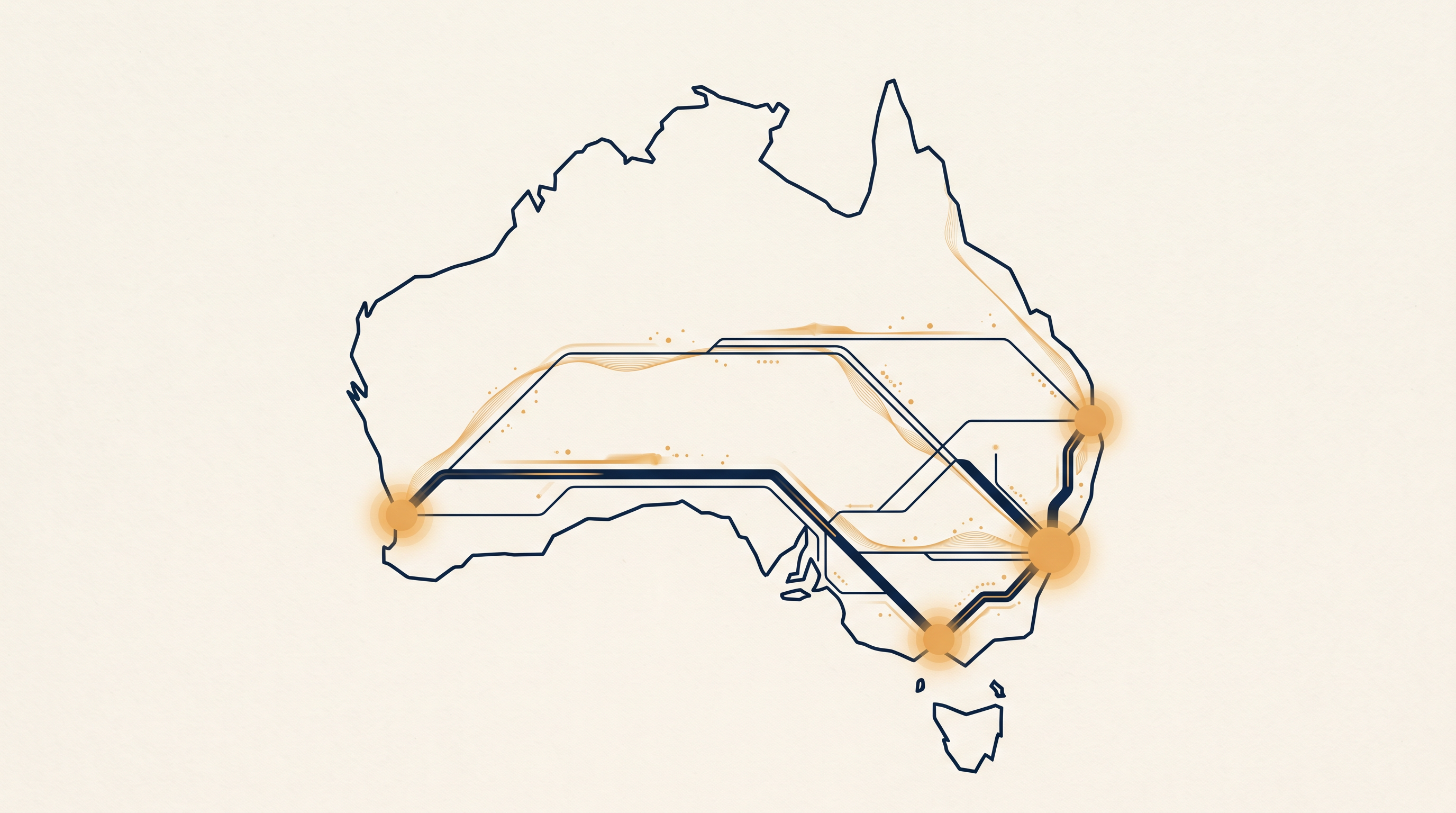 Illustrated outline of Australia with amber city nodes, representing customer data sovereignty.