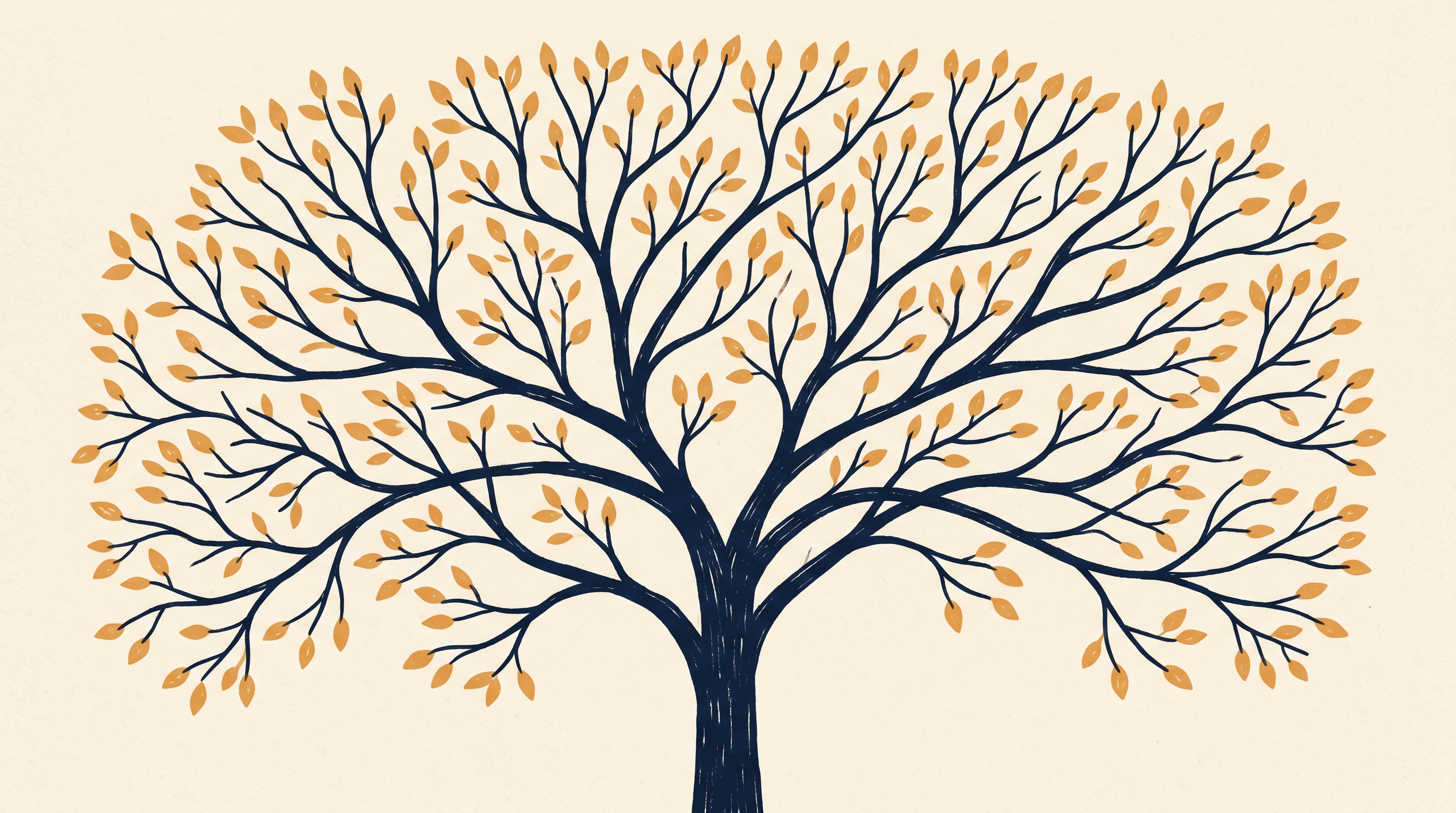 Abstract branching tree with amber leaves, representing partner billing branches from a single run.