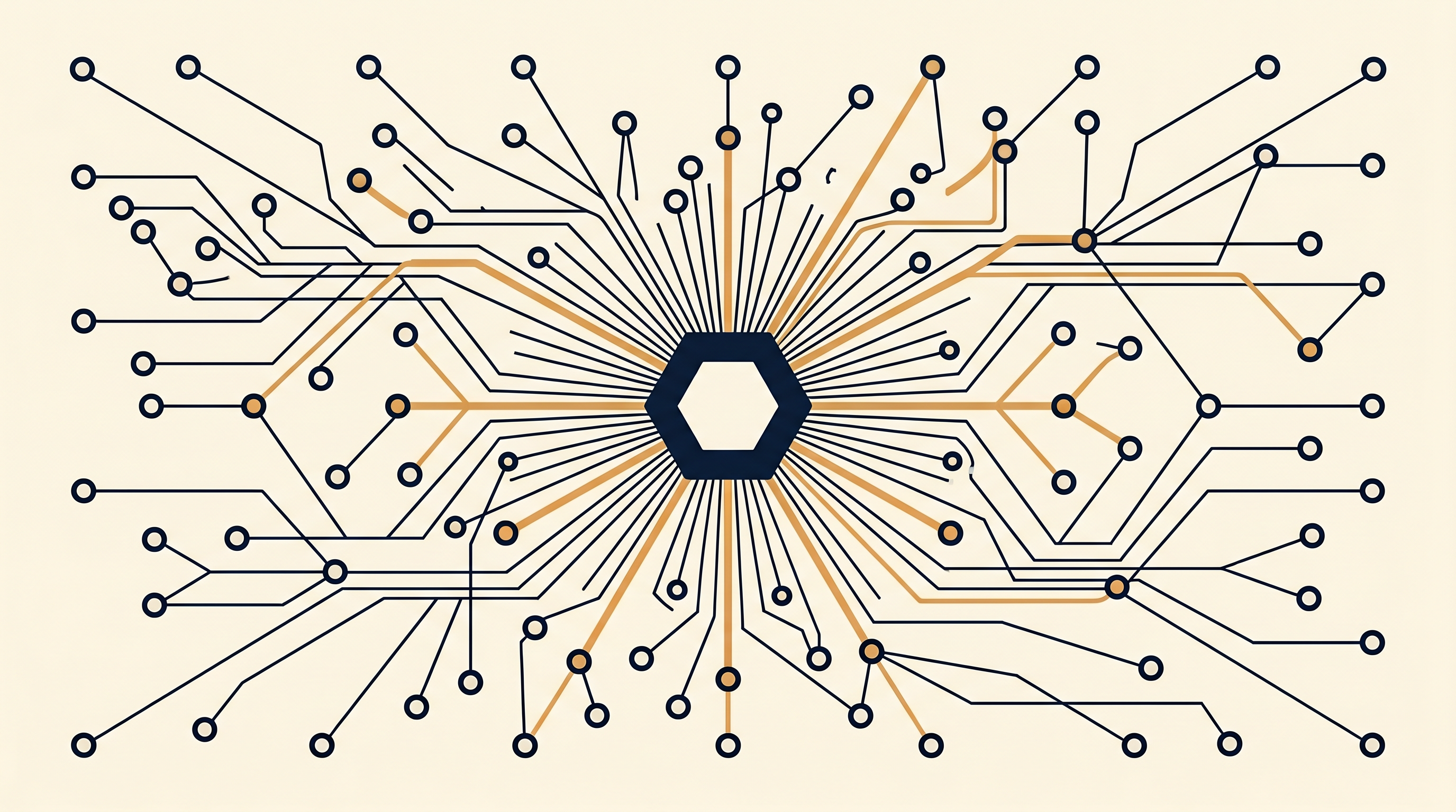 Hexagonal hub with a circuit-like network radiating outward, representing the distributor at the centre of vendors and partners.