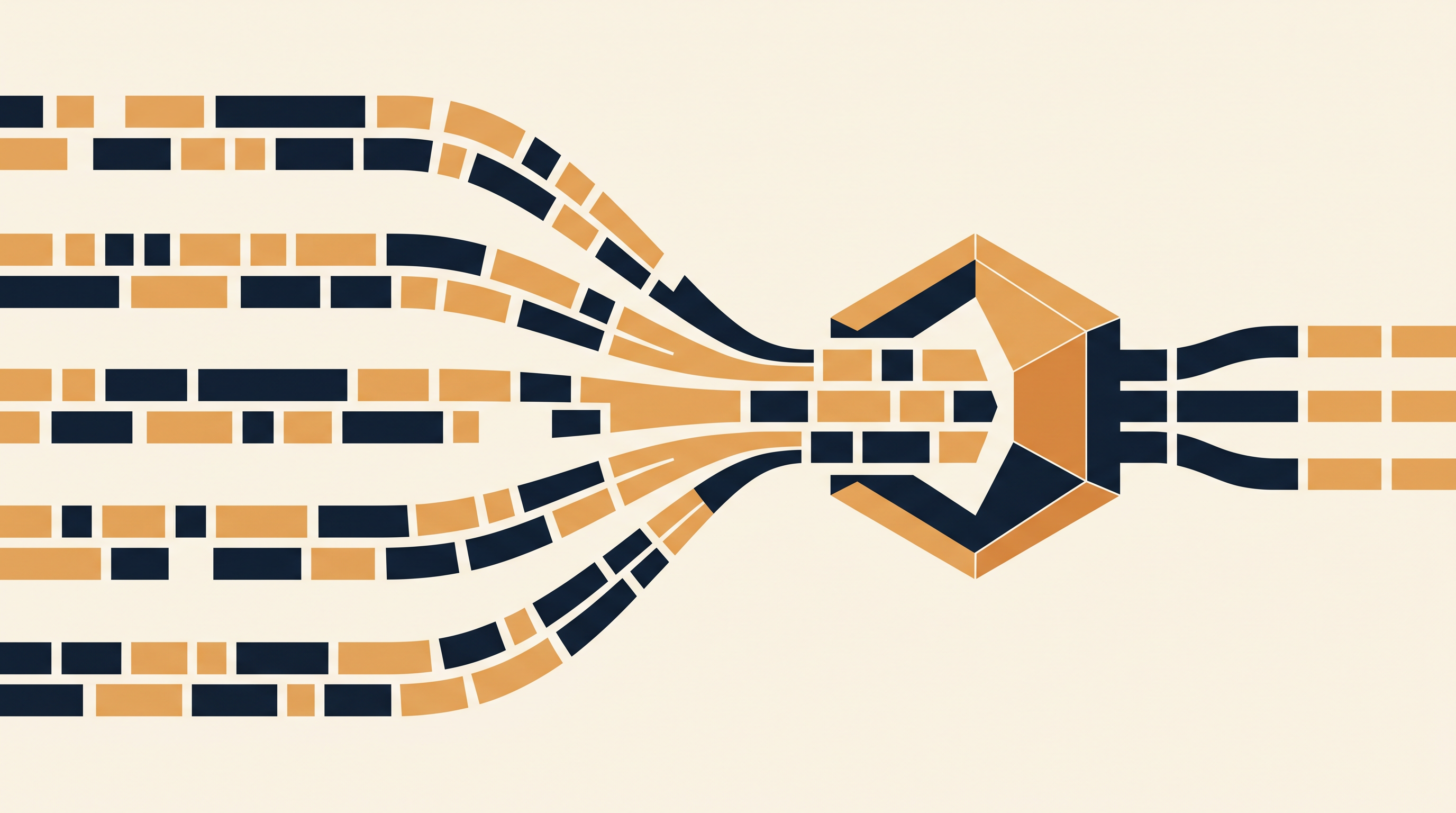 Data blocks converging through a hexagonal gateway, representing vendor feed normalisation.
