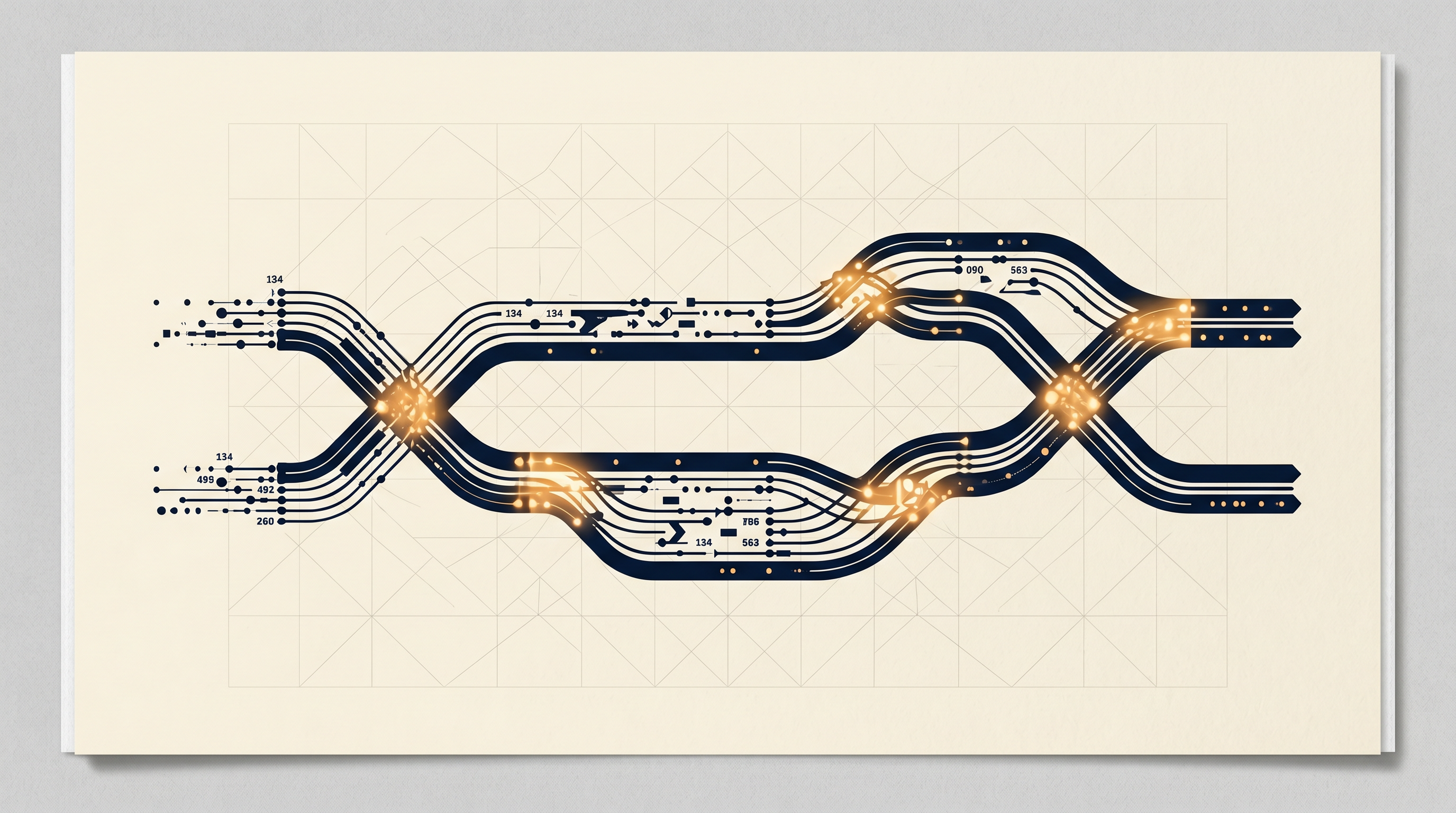 Parallel data streams in navy with amber variance nodes, representing line-level reconciliation.